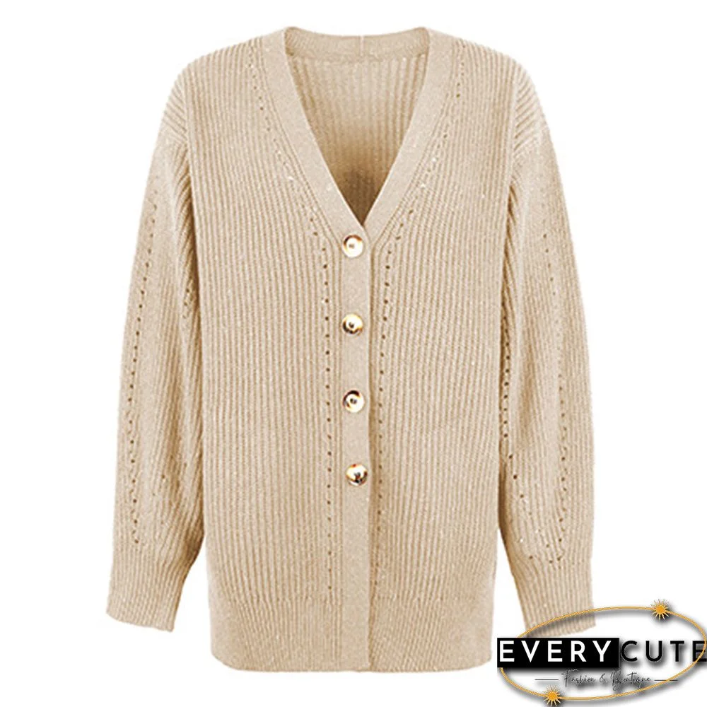 Khaki Hollow-out Button Split Cardigan