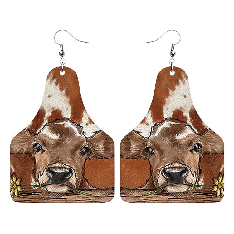 Vintage Cow Print Leather Dangle Earrings Western Cowboy Hook Ear Jewelry-Annaletters