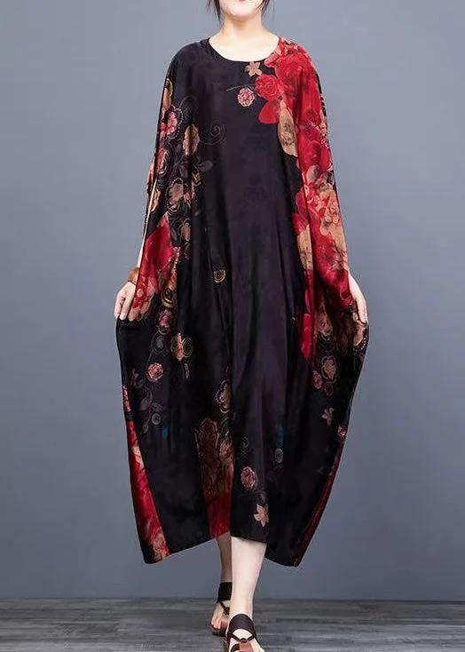 Plus Size Black O-Neck Print Chiffon Vacation Dresses Batwing Sleeve