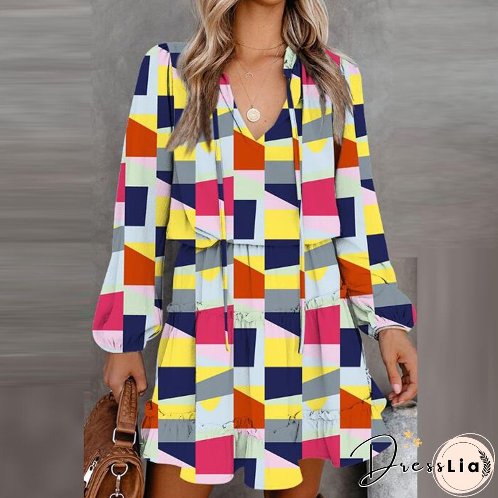 Vintage Floral Printed Mini Dress Women Casual Long Sleeve V Neck Lace-up Early Autumn Dress Fashion Loose Waist Ruffle Dresses