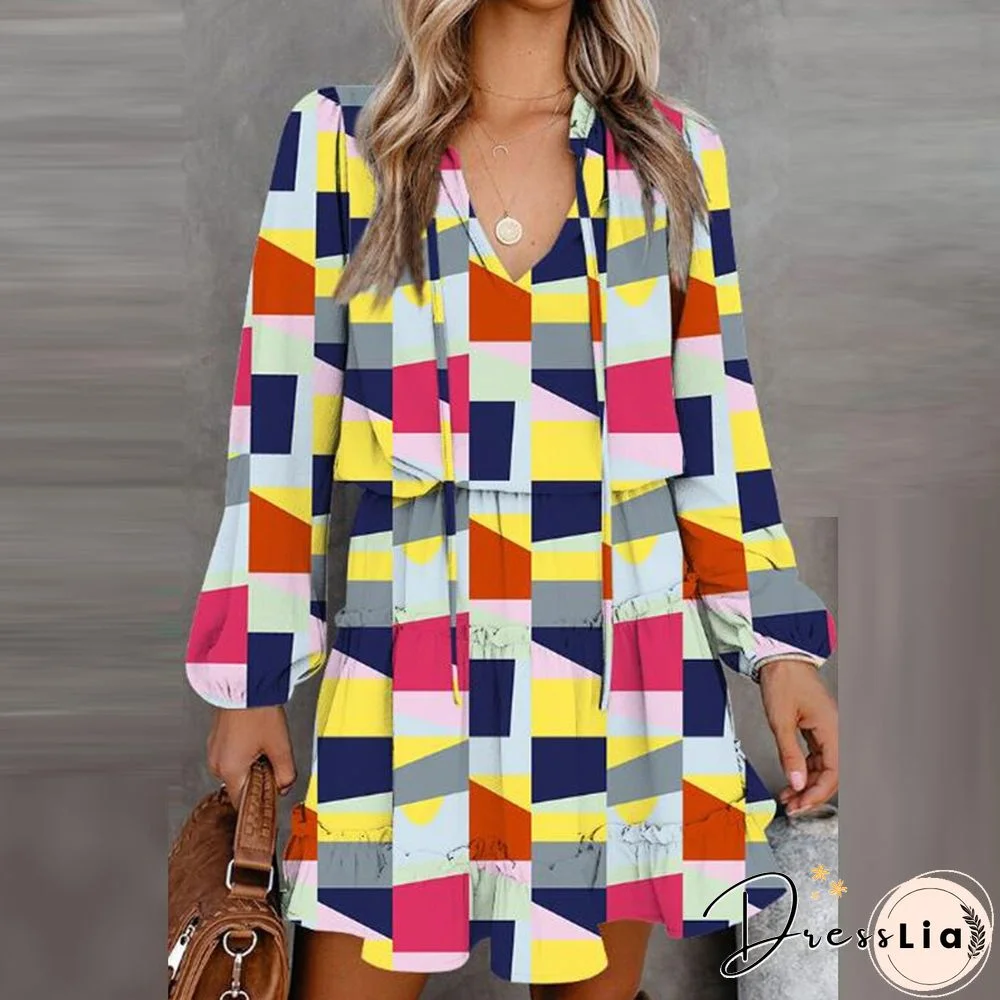 Vintage Floral Printed Mini Dress Women Casual Long Sleeve V Neck Lace-up Early Autumn Dress Fashion Loose Waist Ruffle Dresses