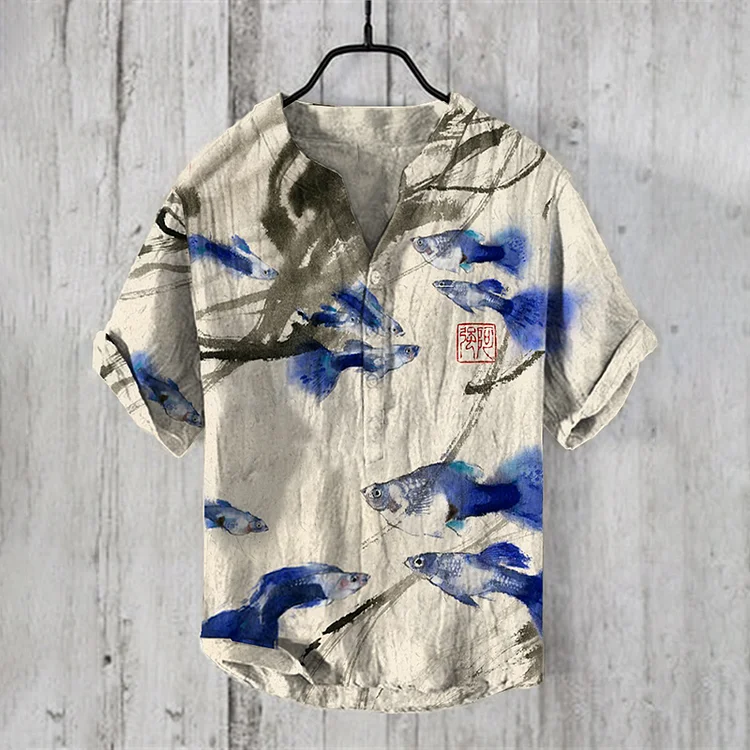 Guppy Series Fish Japanese Ink Art Linen Blend Shirt