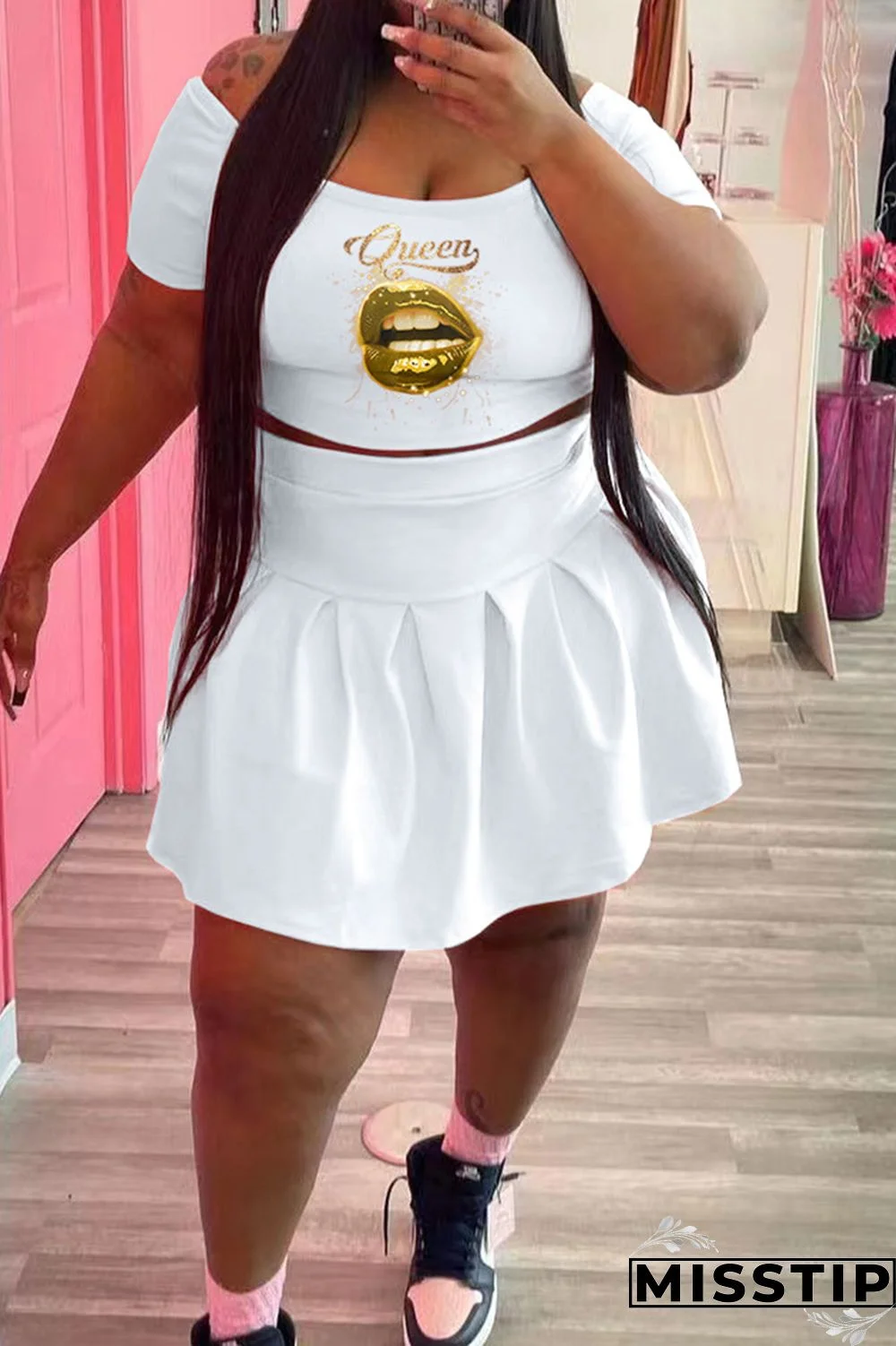 Black Fashion Casual Lips Printed Basic O Neck Short Sleeve Two Pieces