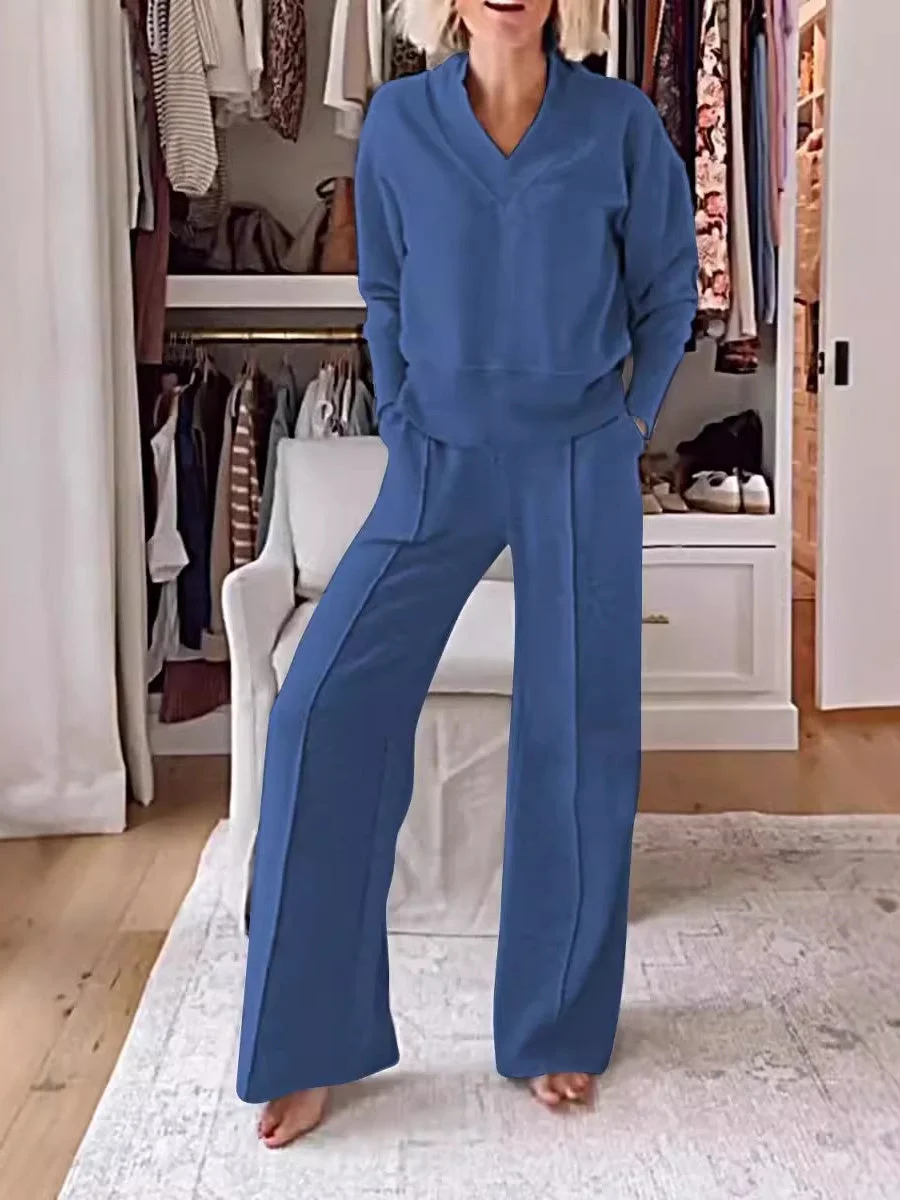 Women's Long Sleeve Hooded Loose Solid Pockets Bottoms&Tops Sets