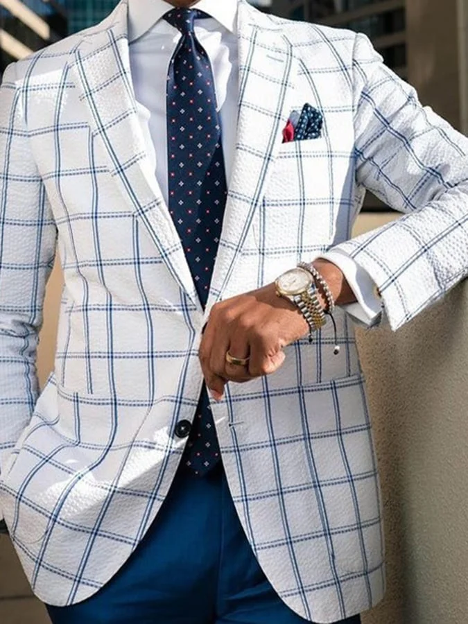 Men's Vintage Single-Breasted Plaid Gentleman's Business Suit Jacket 