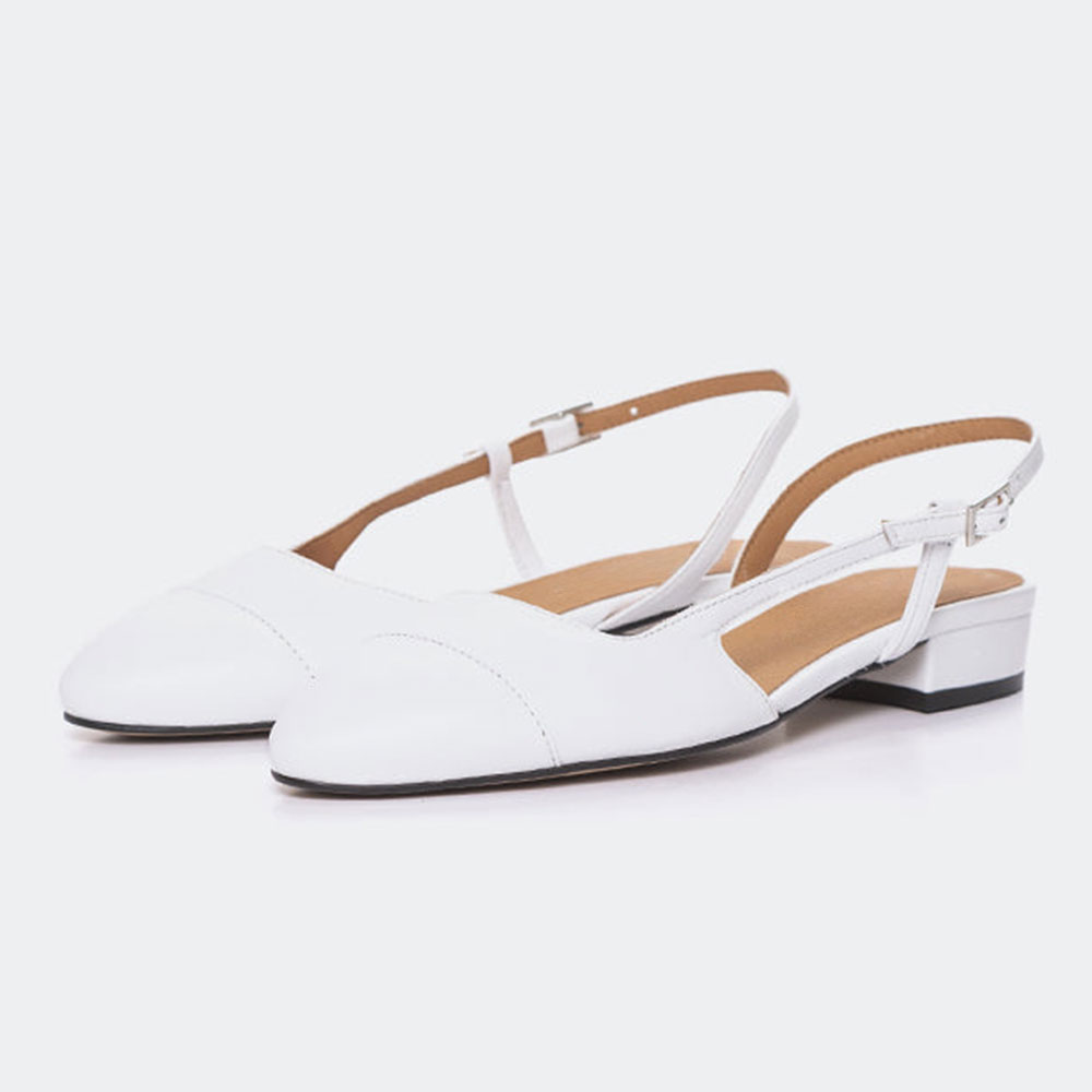 Buckled Strap Almond Toe Block Heel Slingback Shoes in White Nicepairs