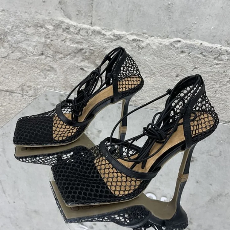 Square Toe Mesh High Heels Cross-tied Up Lace Sandals