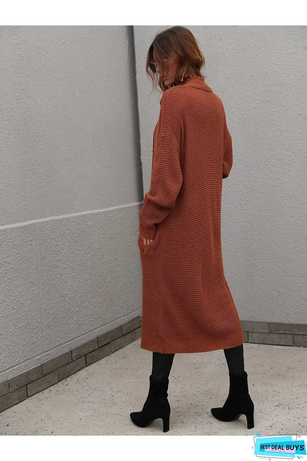 Waffle Knit Open Front Duster Cardigan With Pockets