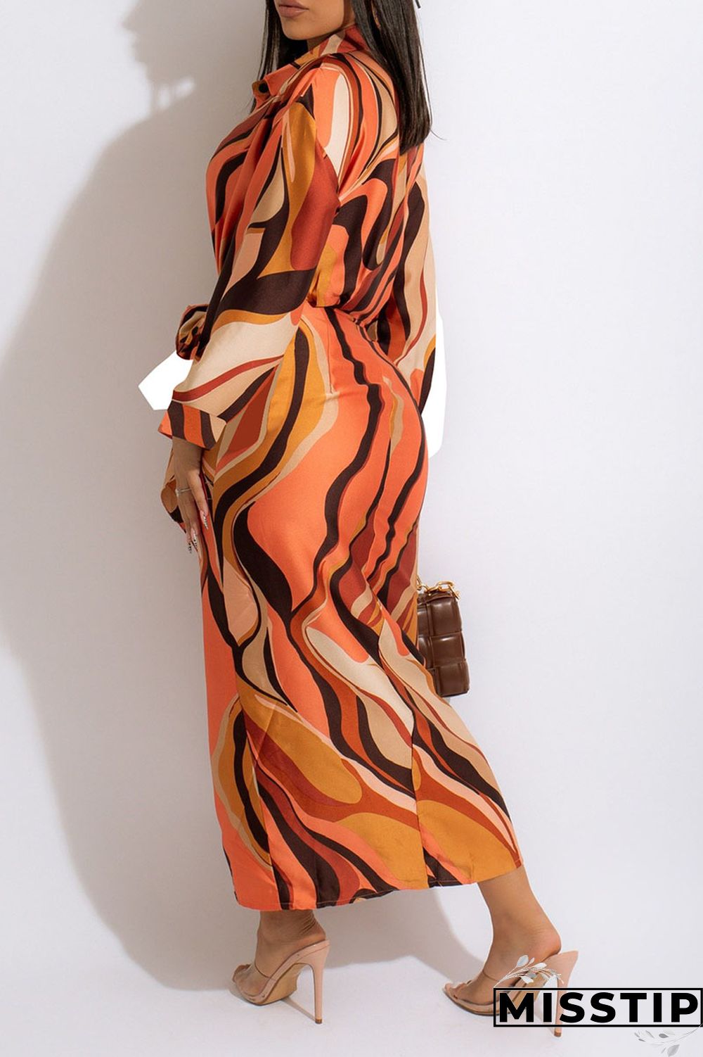 Apricot Casual Print Patchwork Buckle With Belt Turndown Collar Shirt Dress Dresses