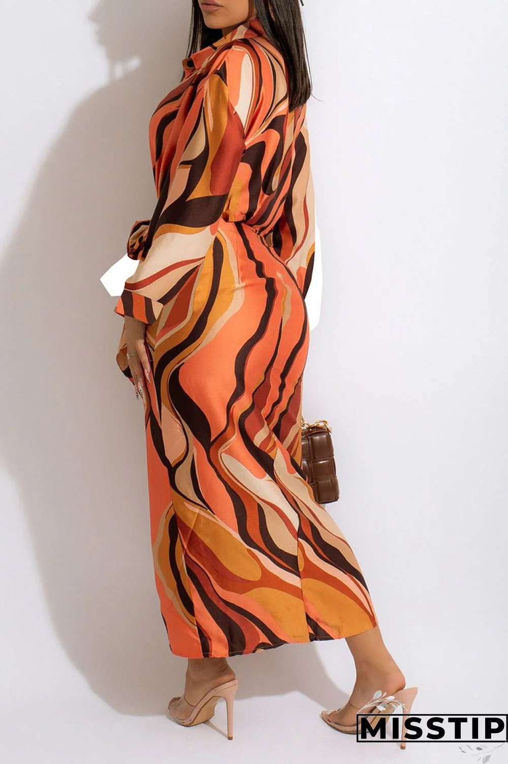 Apricot Casual Print Patchwork Buckle With Belt Turndown Collar Shirt Dress Dresses