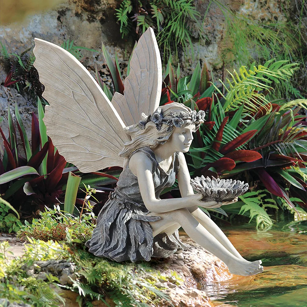 Flower Fairy Sitting Figurines Resin Craft Ornament Yard Art Garden Decor