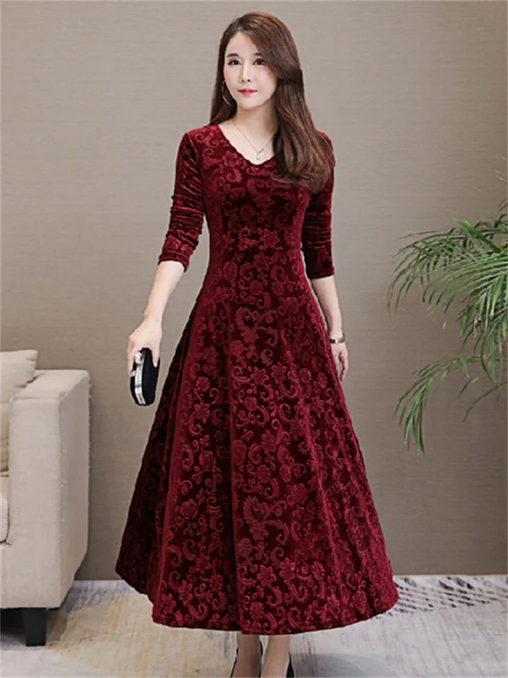 Women's Velvet Dress Green Red Black Long Sleeve Floral Jacquard Fall Spring V Neck Elegant Party Christmas Wedding Guest Slim 2022 M L XL XXL 3XL / Fall Dress / Winter Dress