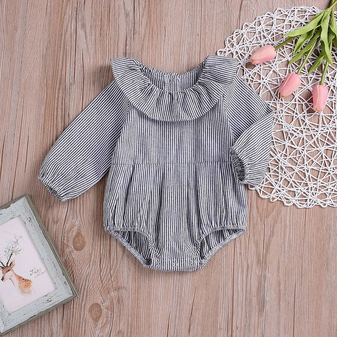2018 Brand New Infant Newborn 0-24M Baby Girls Bodysuits Ruffles Peter Pan Collar Long Sleeve Striped Jumpsuits Autumn Playsuit