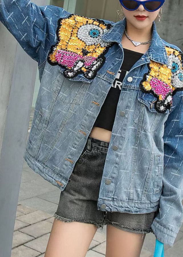 VCSHOES Blue Peter Pan Collar Patchwork Button Nail bead Fall Denim Coat