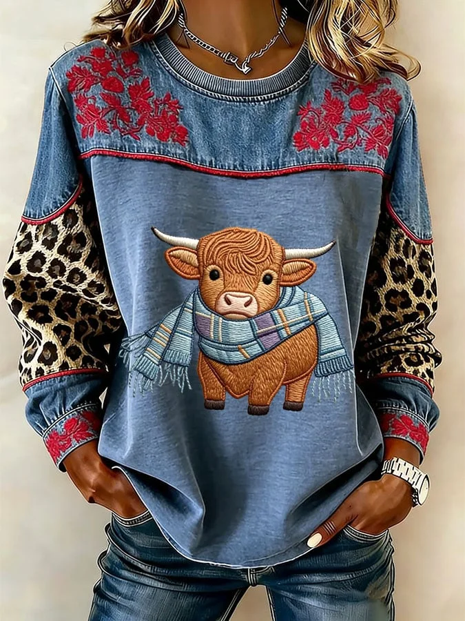 Women's Western Print Crew Neck Sweatshirt 