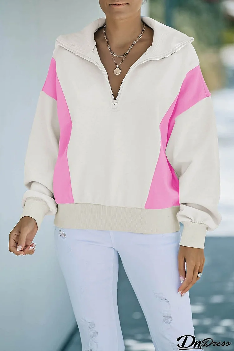 Beige Zipped Turn-down Collar Colorblock Drop Shoulder Sweatshirt