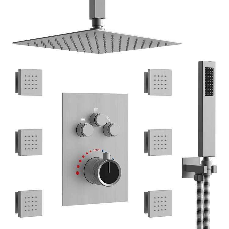 EVERSTEIN 12" Thermostatic Ceiling-Mounted Rainfall Shower System Brushed Nickel 