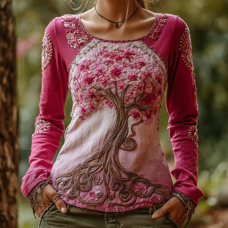 VChics Viking Pink Tree Of Life Embroidered Women's Linen Long Sleeve Shirt