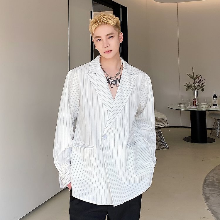 dawfashion-3605P80 Personality Simple Striped Suit Collar Long-sleeved Commuter Shirt-Dawfashion- Original Design Clothing Store-Halloween 2022