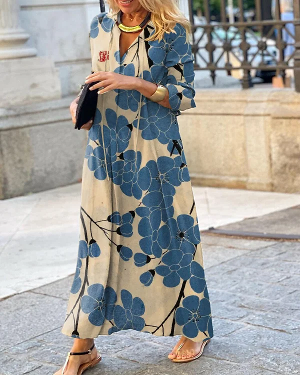Japanese Classic Plum Blossom Literary Retro V-neck Long-sleeved Dress