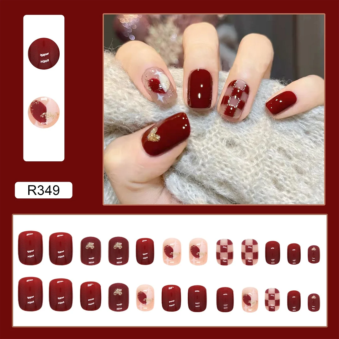 Wine Red Checkerboard Fake Nails Art Nail Tips Press on False Nail Set Full Cover Artificial Short Head 24pcs/pack