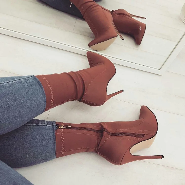 Brown Stiletto Heel Classic Ankle Boots |FSJ Shoes
