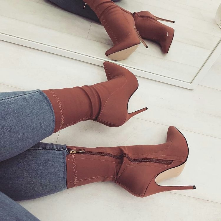 Brown Stiletto Heel Classic Ankle Booties |FSJ Shoes