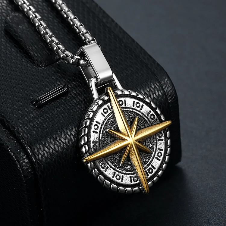 Stainless Steel Gold Compass Pendant Necklace