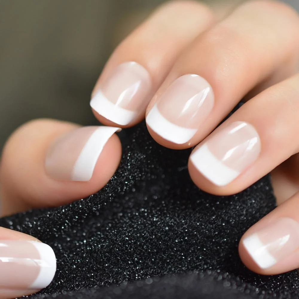 Classical Normal Size French Nail Nude White Tip Glossy Press On Fingernals for daily with glue sticker 24 928