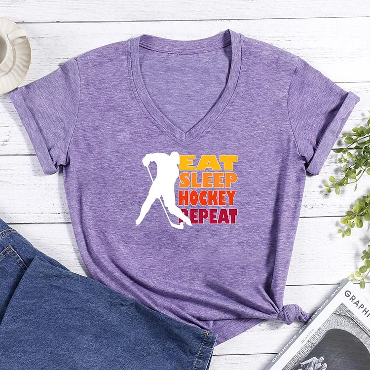 Eat Sleep Hockey Repeat V-neck T Shirt-Annaletters