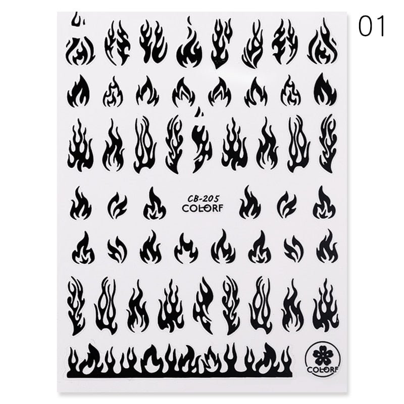 1 Sheet Glitter 3D Nail Stickers iridescent Fire Pattern Black White Gold Nail Decals DIY Nail Art Decorations Decor Tool