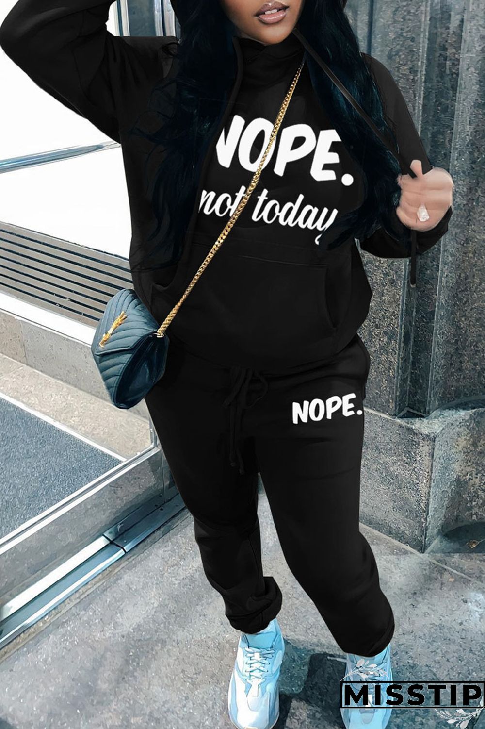 Black Casual Letter Print Basic Hooded Collar Long Sleeve Two Pieces