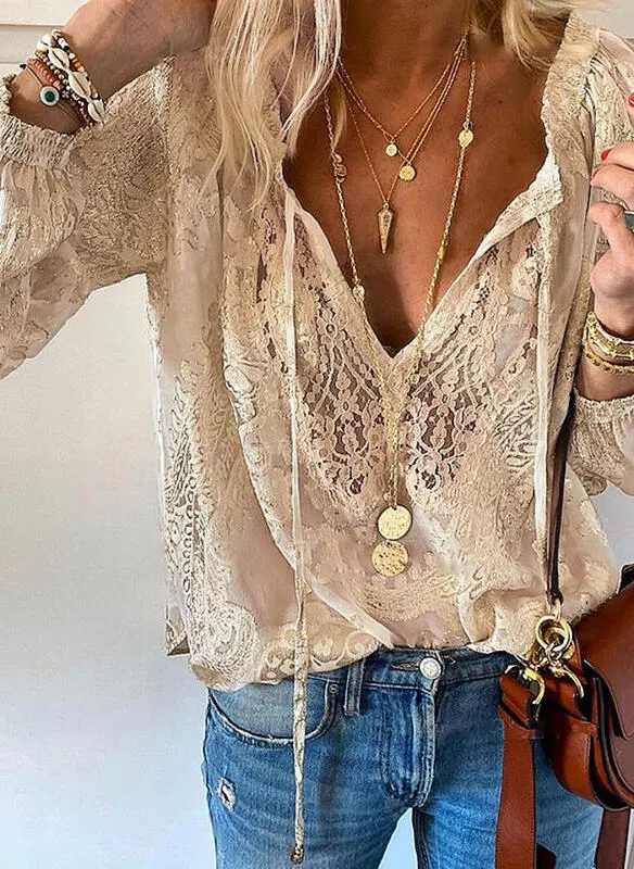 Brownm Casual Solid Color Loose Pullover Elegant Regular Sleeve Graceful Commuter Lace Shirt