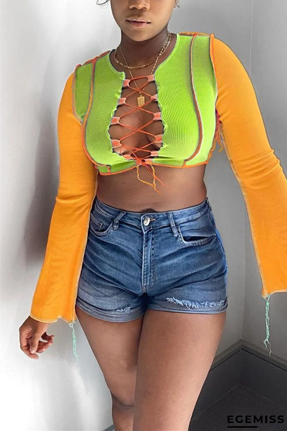 Green Fashion Sexy Long Sleeve Regular Sleeve Short Patchwork Tops | EGEMISS