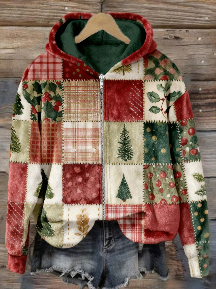 Vintage Christmas Patchwork Art Flannel Fleece Jacket elevenforest