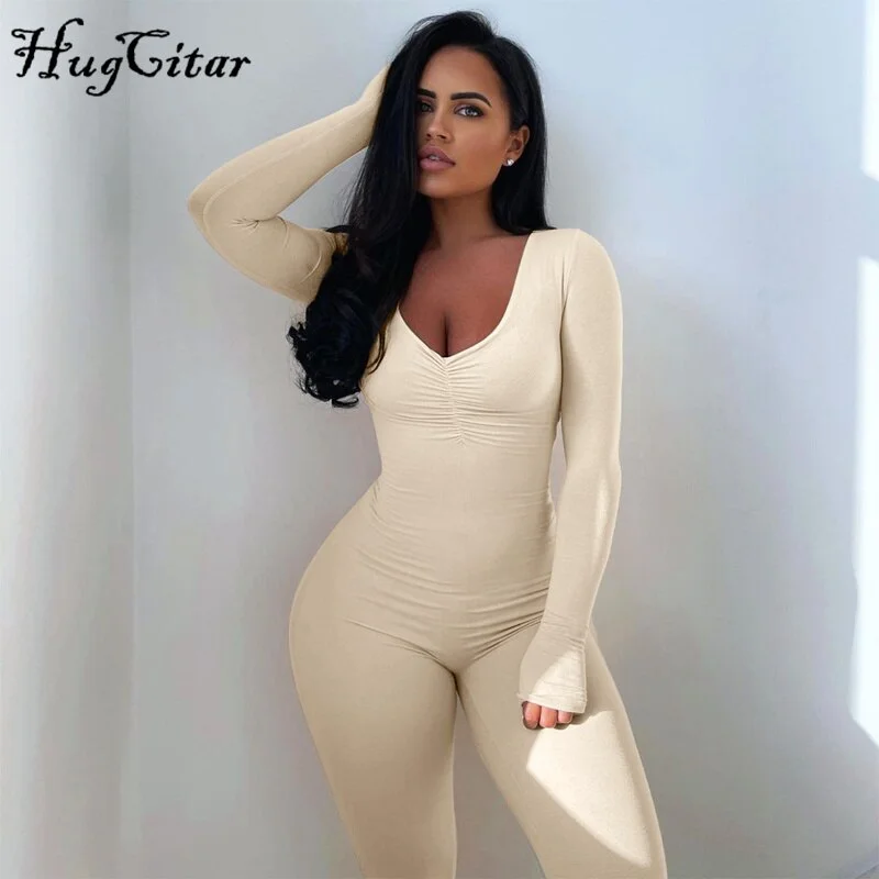 Hugcitar 2021 Solid Long Sleeve V Neck Bodycon Draped Sexy Jumpsuit Summer Autumn Women Fashion Streetwear Party Club Outfits