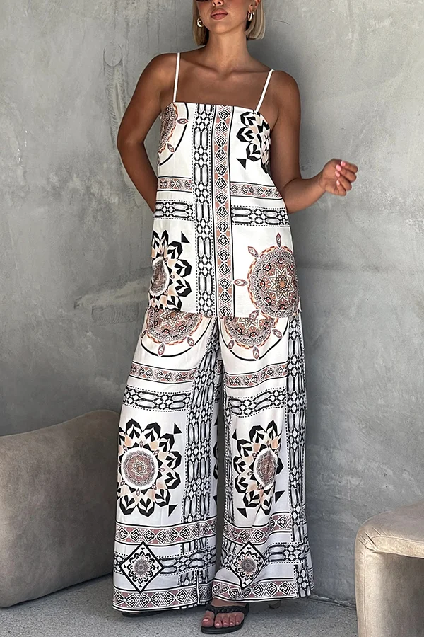 Unique Print Loose Casual Tank Top and Elastic Waist Wide Leg Straight Pants Set