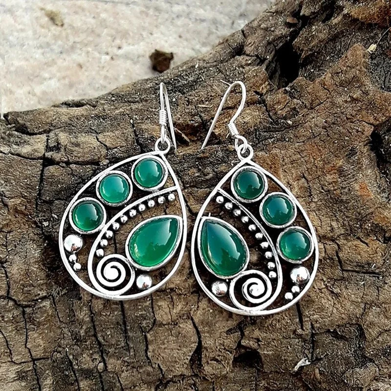 Vintage Drop Metal Embellished Green Stone Hook Drop Earrings for Women