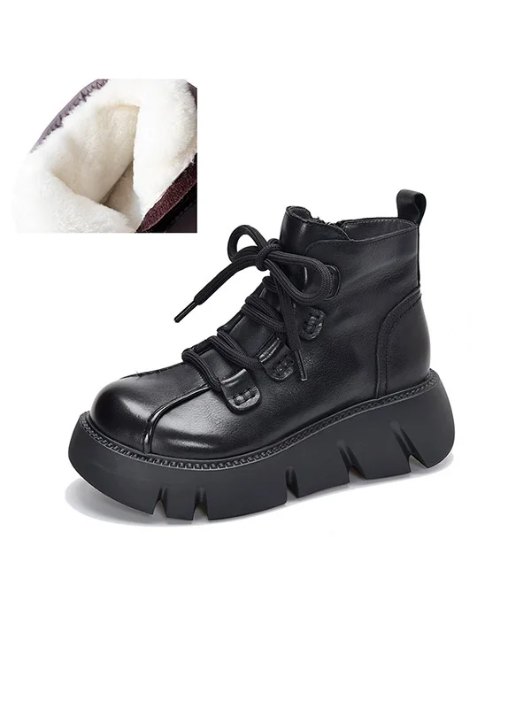 Vintage Cow Leather Wool Boots Platform Shoes