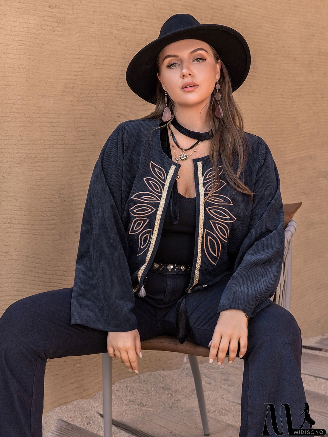MidiSono - Plus Size Embroidered Open Front Jacket