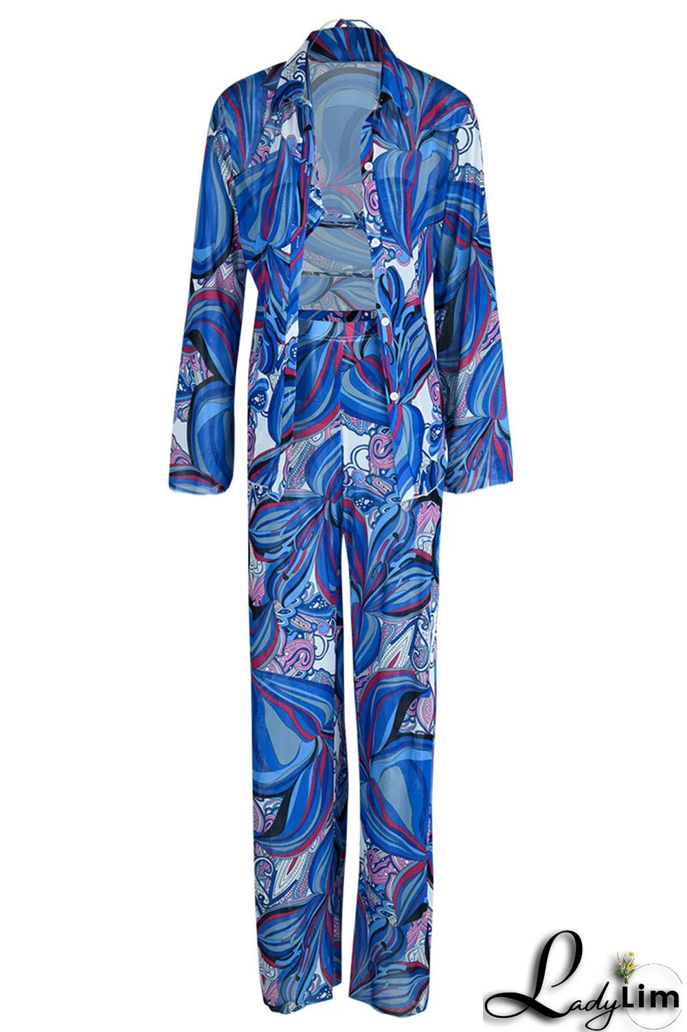 Blue Fashion Casual Print Basic Turndown Collar Long Sleeve Three-piece Set