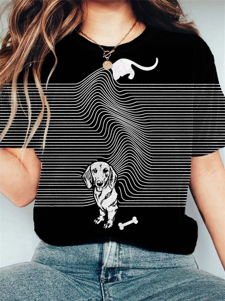 Women's Funny Lovely Dachshund Dog Crew Neck Print Casual T-Shirt