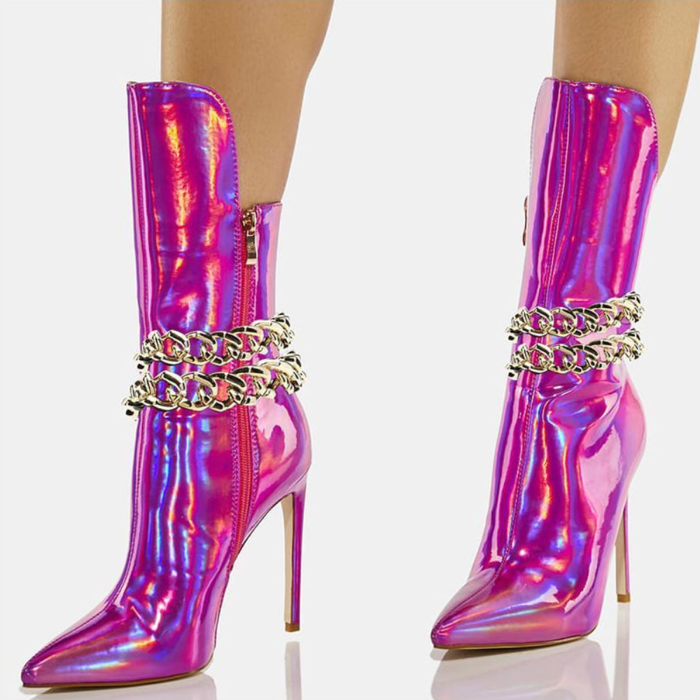 Fuchsia Holographic Chain Pointed Toe Boots Nicepairs