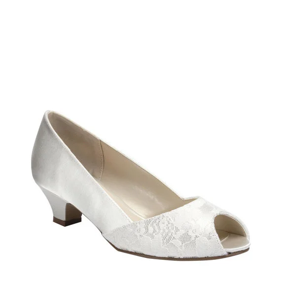 White Lace and Satin Peep Toe Low Heel Wedding Pumps Vdcoo