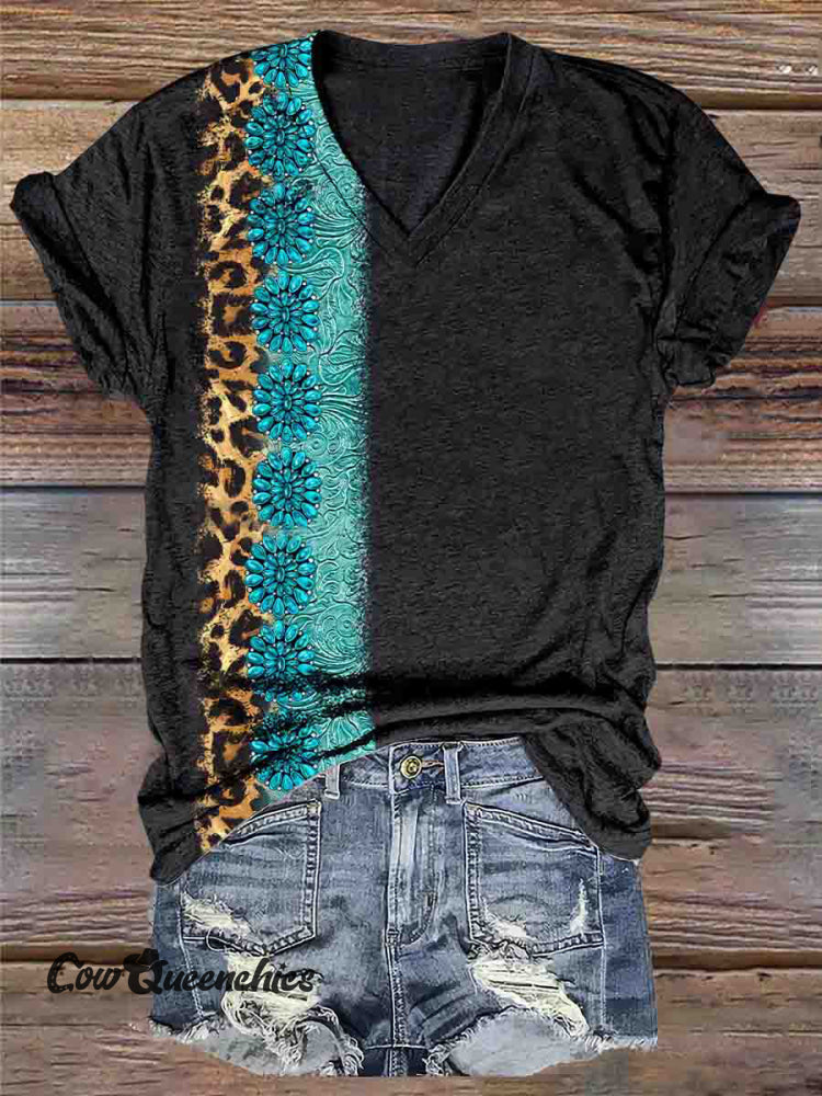 Turquoise Leopard Stripe Print V-Neck Short Sleeve Top Black / S