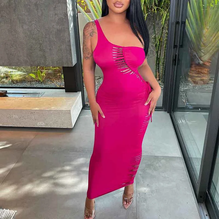 Solid One Shoulder Sleeveless Cut Out Maxi Dress - IRBOOM Fashion Clothing