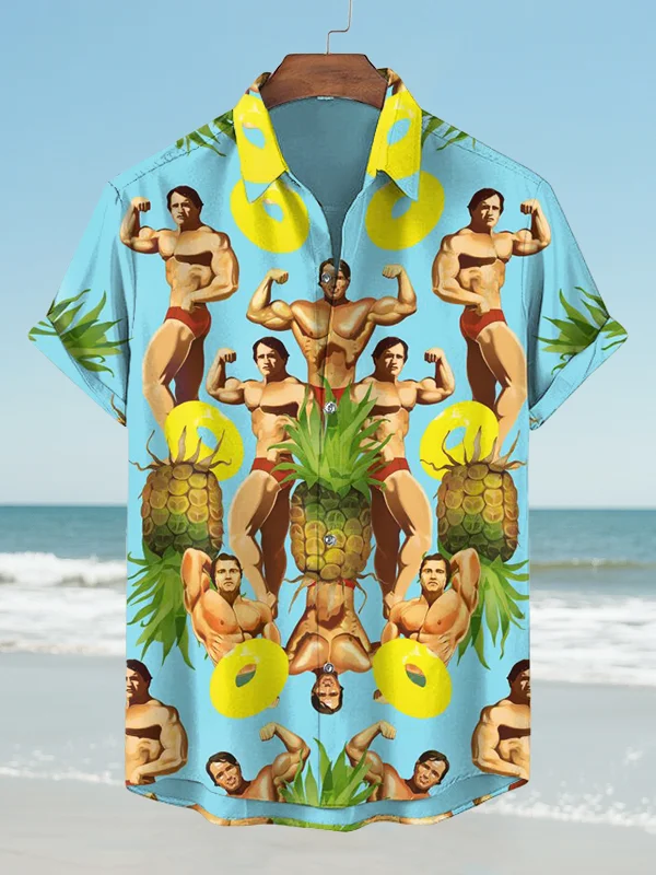 Men's Fun Muscle Men And Pineapple Beach Vacation Art Print Shirt