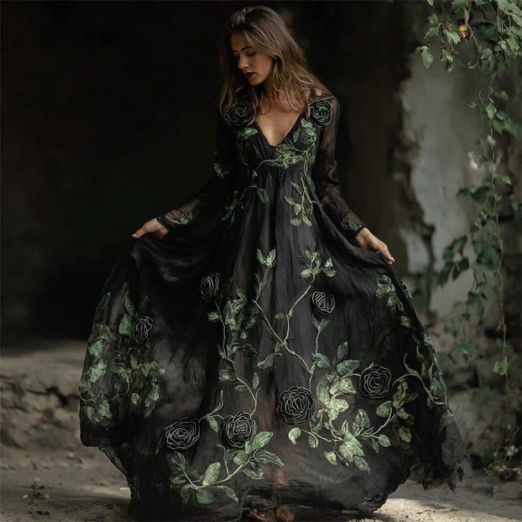 Vintage Gothic Black Roses Vines Fiber Art Flowy Maxi Dress