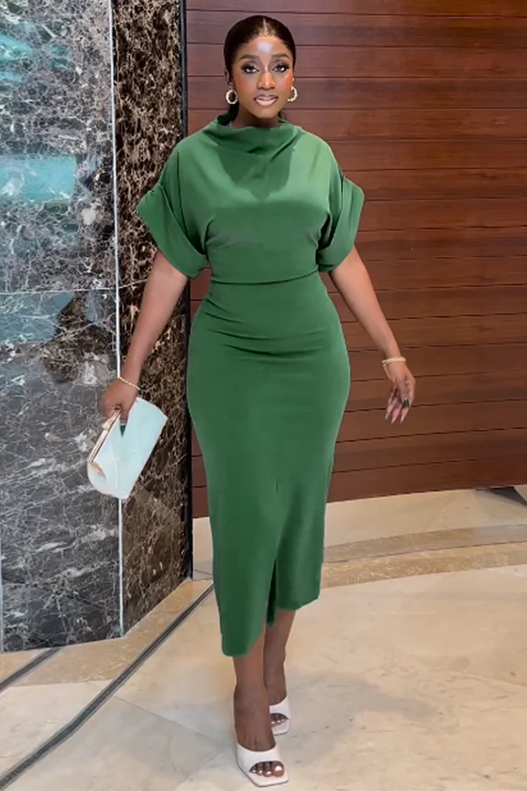 Plain Half Sleeve Top Bodycon Slit Midi Skirt Matching Set-Green