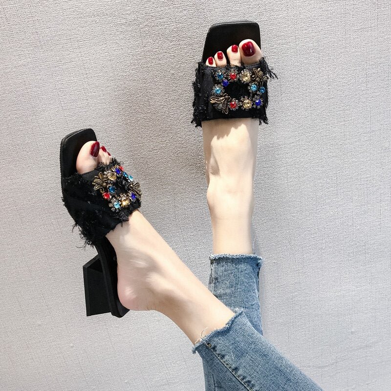 thick square heel open toe slippers female colorful crystal galdiator shoes summer shoes woman luxury brand slides 2019